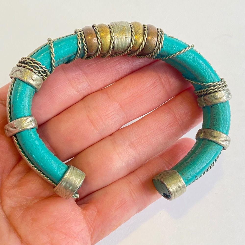 Vintage Ethnic Teal Leather Mixed Metal Wire Wrapped Cuff‎ Bracelet Statement